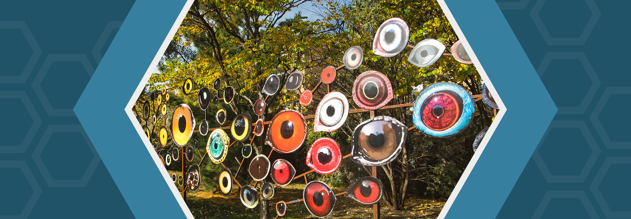 Outdoor art installation with vibrant, eye-shaped designs mounted on metal poles, set in a natural environment.
