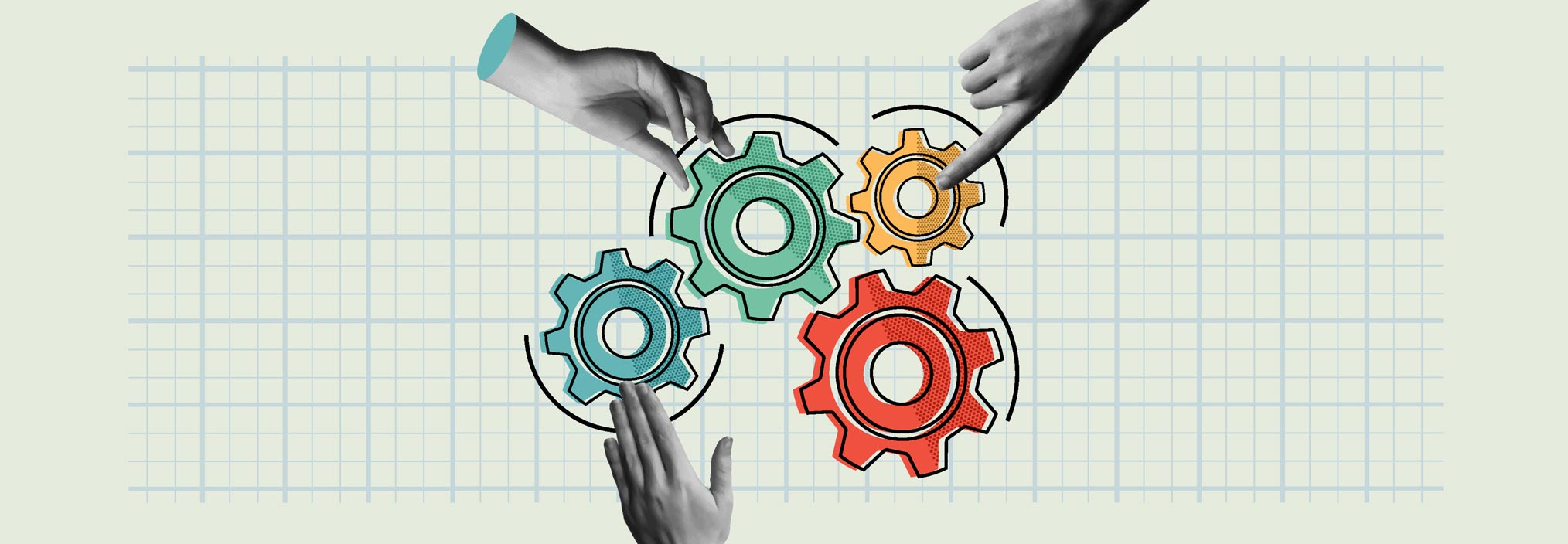 Group of hands working together on gear mechanism in retro collage 90s style vector illustration.