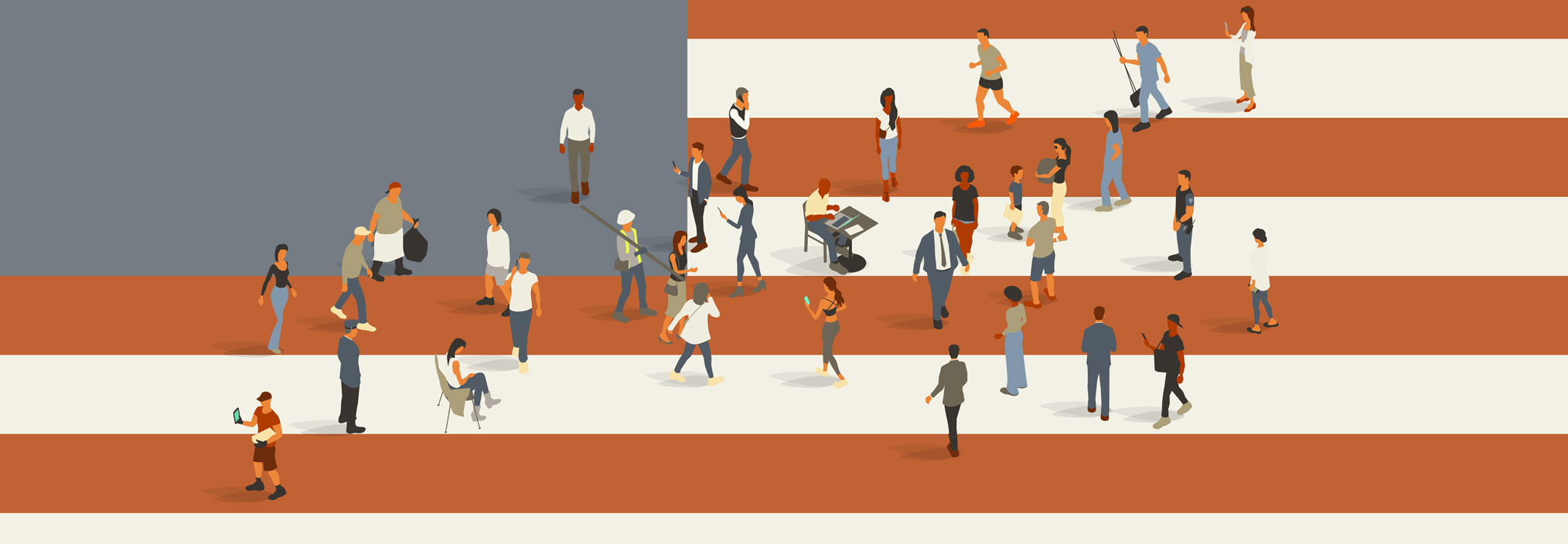 A bright illustration of a diverse crowd of workers, spread across an American flag.