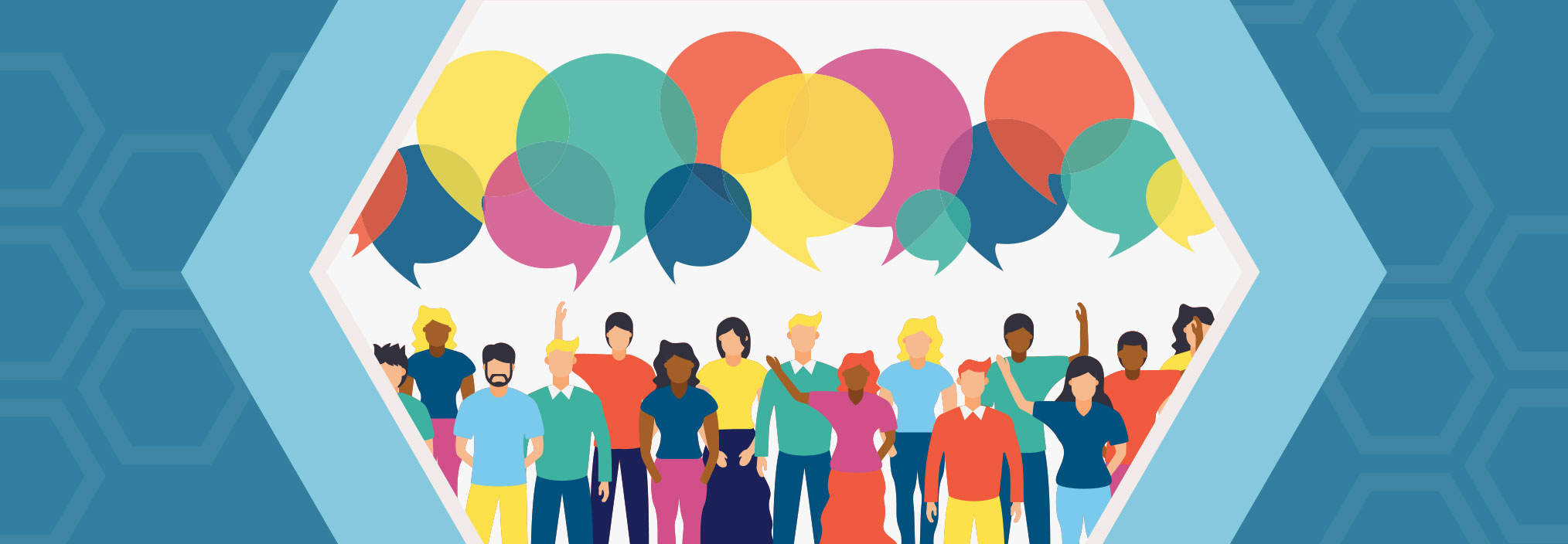 A diverse group of people stand together with colorful speech bubbles above their heads.