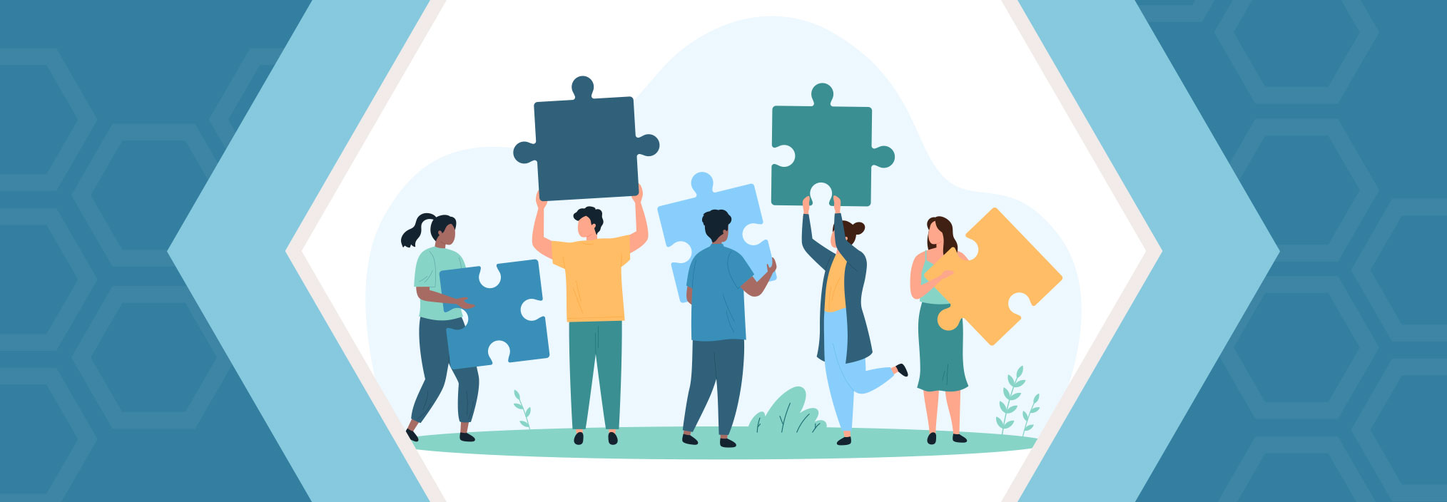 Illustration of five people holding colorful puzzle pieces