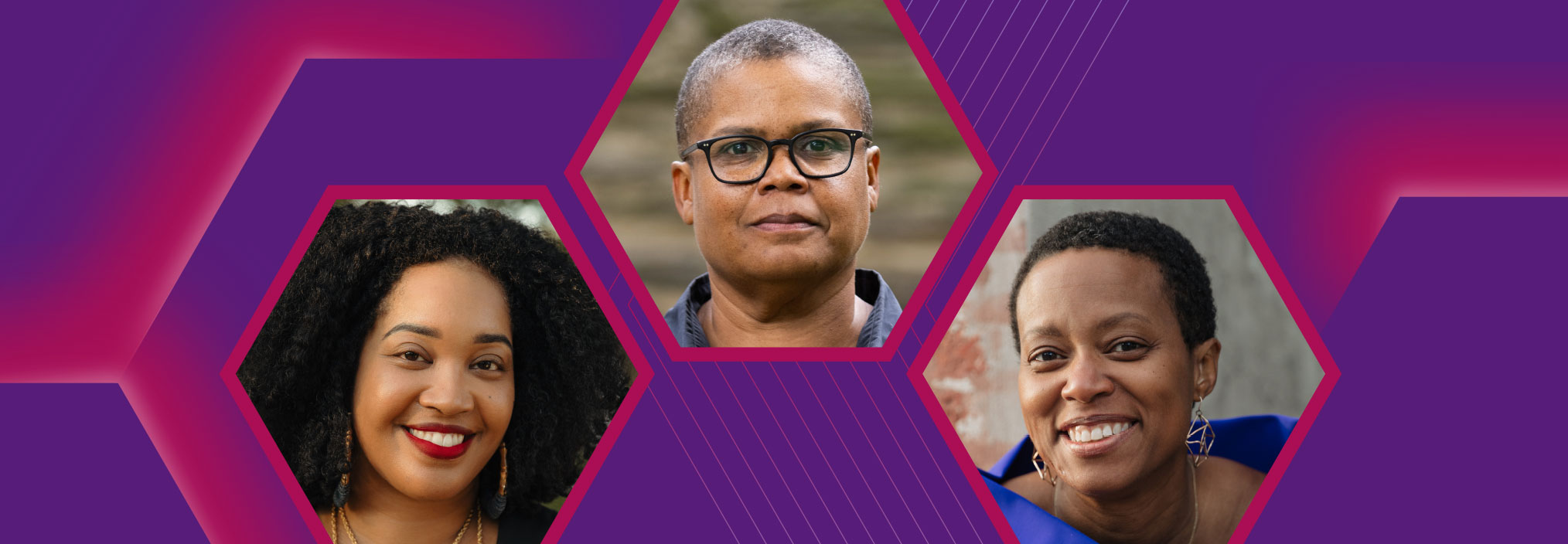 Three portraits of individuals against a purple and pink geometric background.