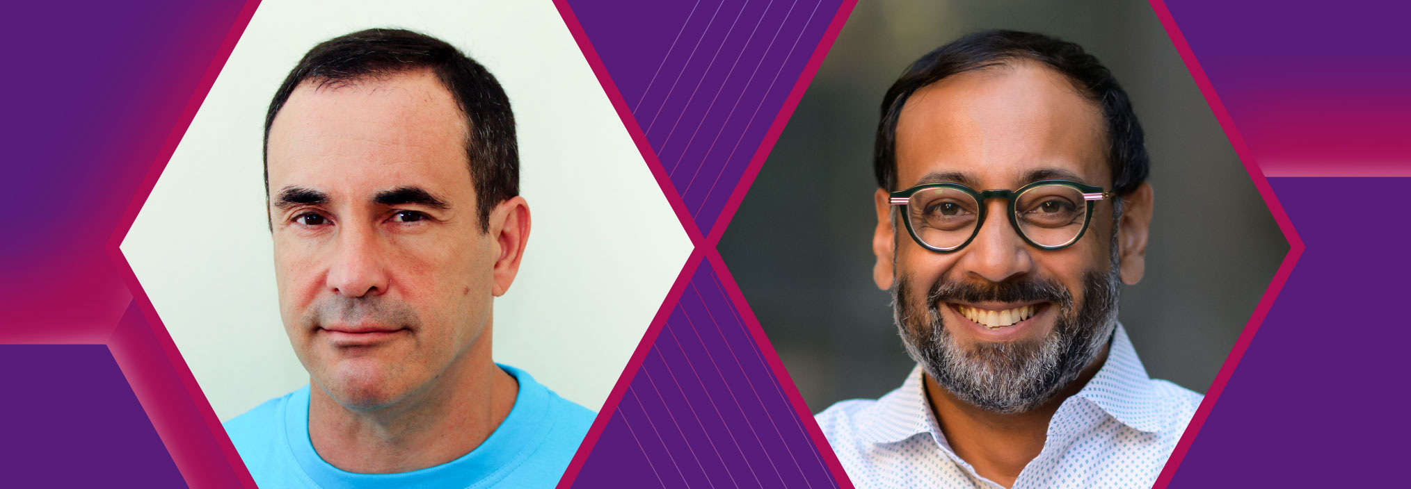 Two side-by-side portraits of individuals against a purple and pink geometric background.