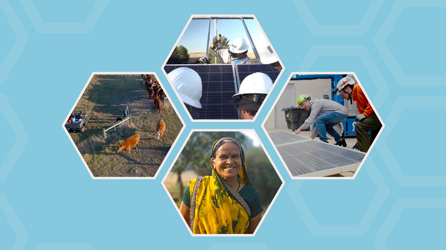 Four hexagonal images show solar panels, workers, cattle, and a smiling woman, on a blue background with hexagon patterns.