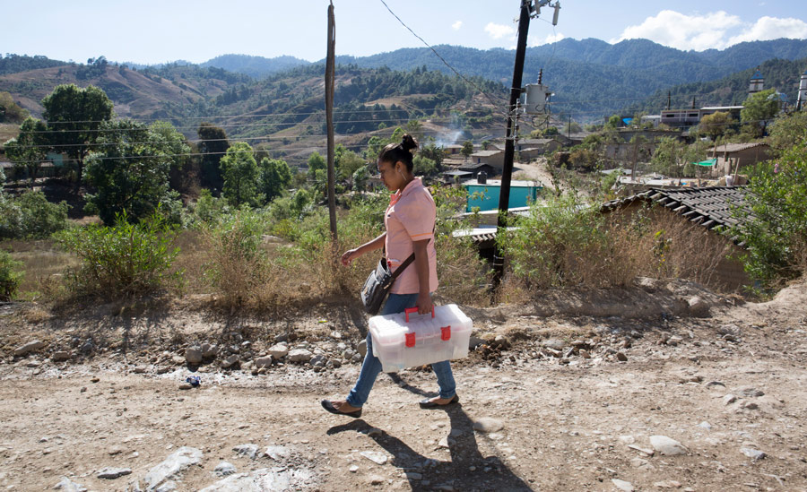 Mexican_Woman_With_Plastic_Box_Of_Supplies_Walking_On_Dirt_Road_In_Rural_Landscape