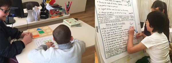 Collageofwomantutoringchild;childrenwritingonnoteboard
