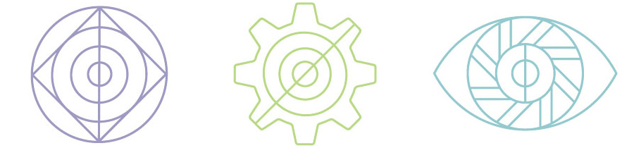 graphic icons of eye, cog, and target