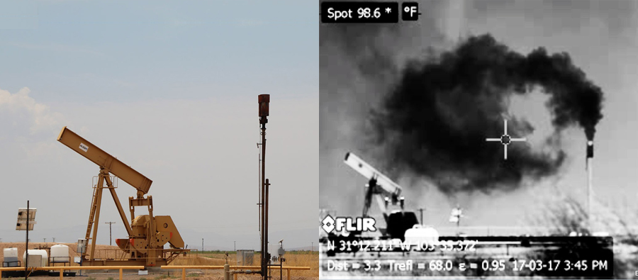 Left:_Oil_Well_In_Field_Right:_Infrared_View_Of_Oil_Well_Emitting_Dark_Cloud_Of_Gas
