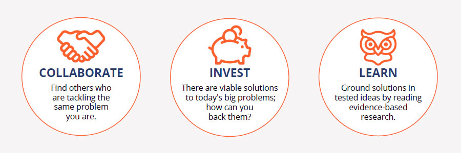 Collaborate:Findotherswhoaretacklingthesameproblem.Invest:Thereareviablesolutionstotoday'sbigproblems.Learn:Groundsolutionsintestedideasbyreadingevidence-basedresearch.