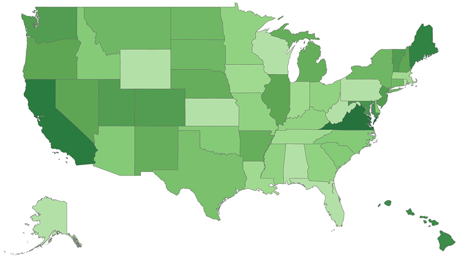 UnitedStatesMapWithStatesInDifferentShadesofGreen