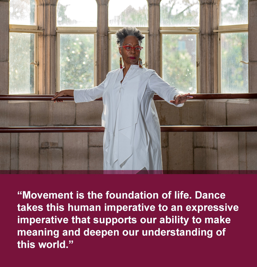 Black woman in white clothing with one arm gesturing forward. Text below photo: Movement is the foundation of life. Dance takes this human imperative to an expressive imperative that supports our ability to make meaning and deepen our understanding of this world.