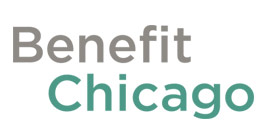 A simple text logo that reads "Benefit Chicago." The word Benefit is in light gray and sits overtop of the word "Chicago" which is light teal.