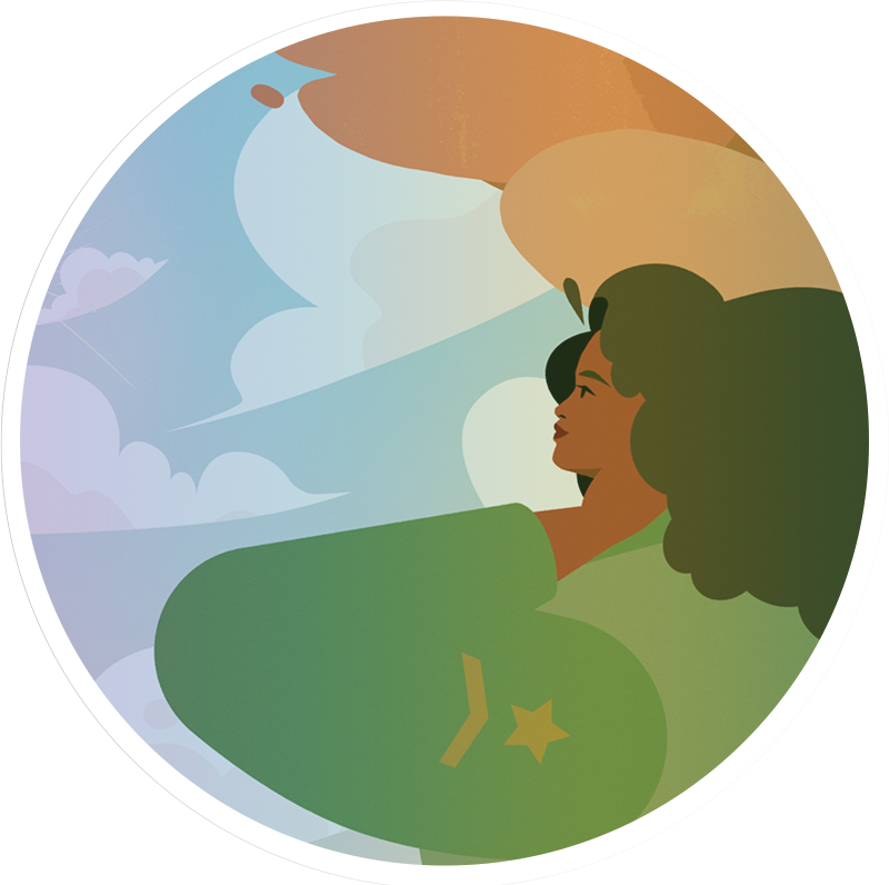 Illustration of black woman in green coat looking toward blue sky with clouds