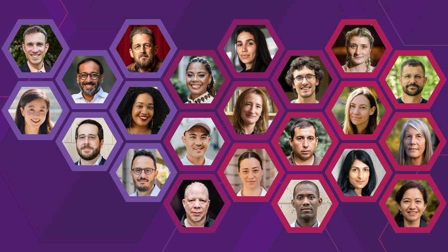 A collage of diverse people in hexagon frames against a purple geometric background.